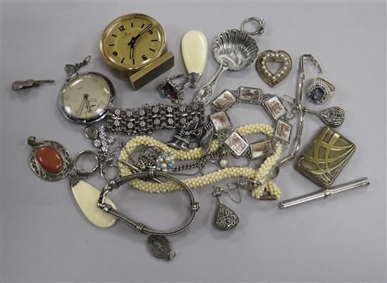 A mixed group of costume jewellery, a watch and a timepiece.